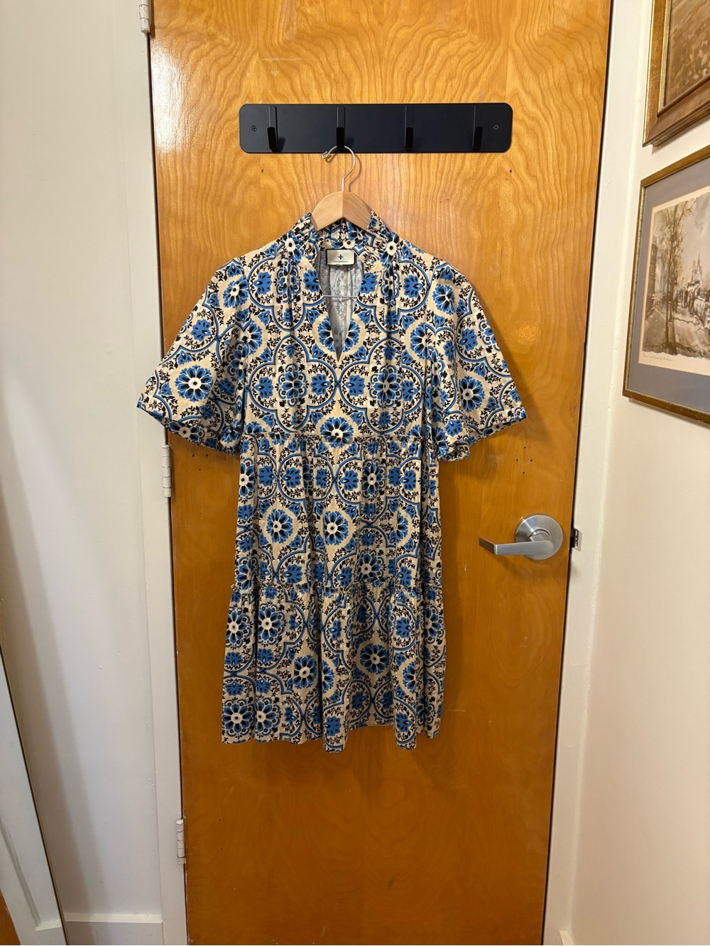 Tuckernuck Blue and Cream Floral-Print Short Sleeve Mini Dress